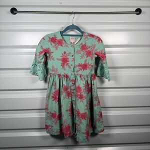 Utsa Kids Mint Green Pink Floral Rose Button Front Dress Eyelet Lace Cuffs 8-9Y